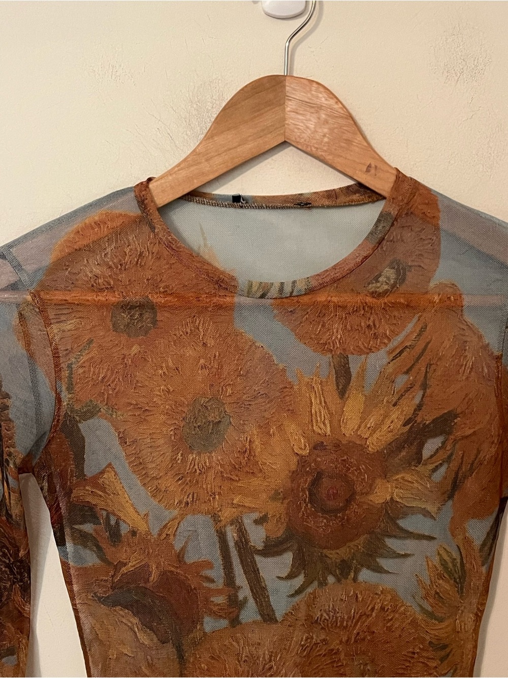 Van Gogh Sunflower Print Mesh Long Sleeve Bodysuit Sheer Layering Top S - Picture 3 of 9